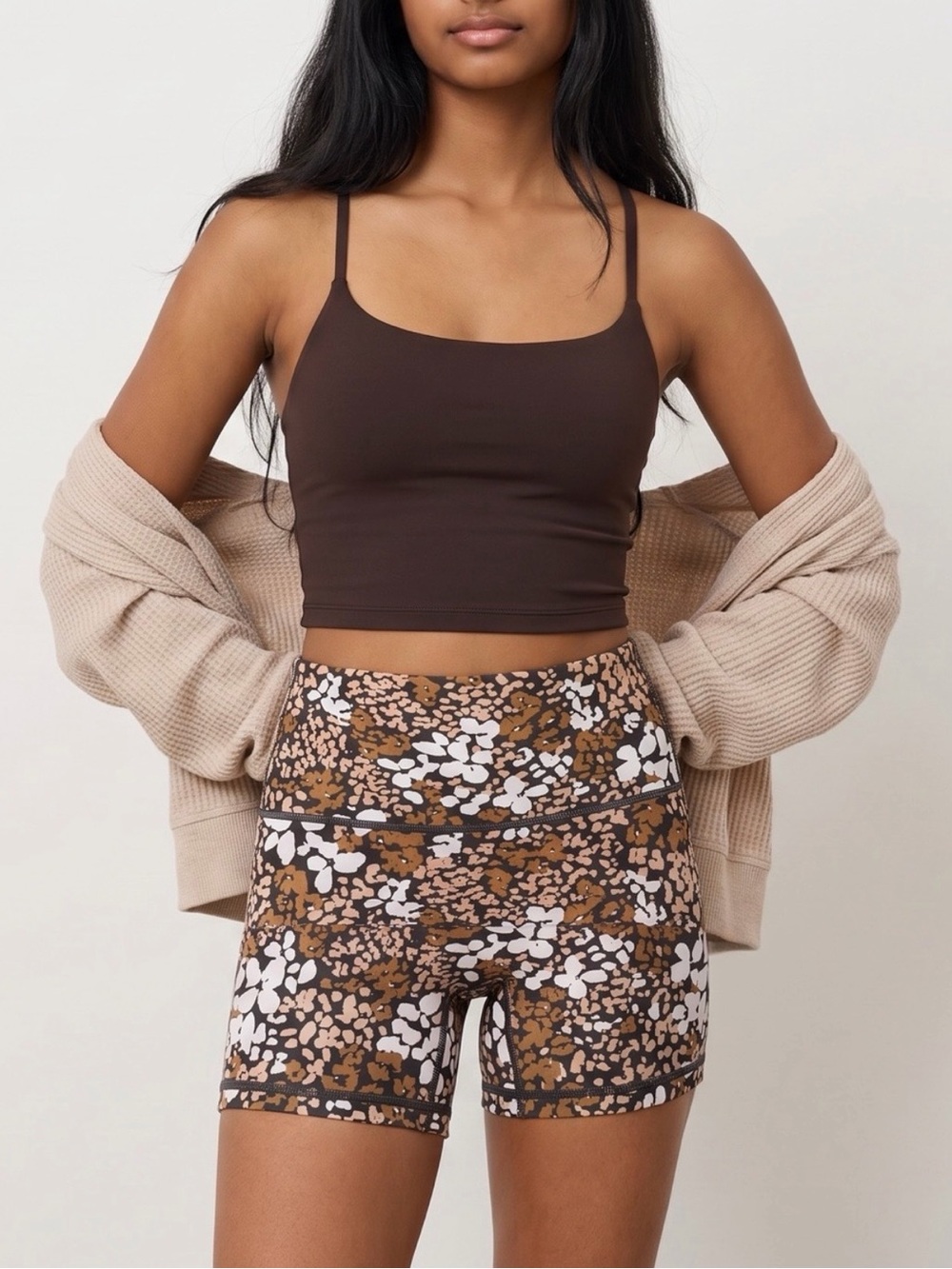 OFFLINE by Aerie Goals High Waisted 4” Bike Shorts Brown Floral Print Size Large